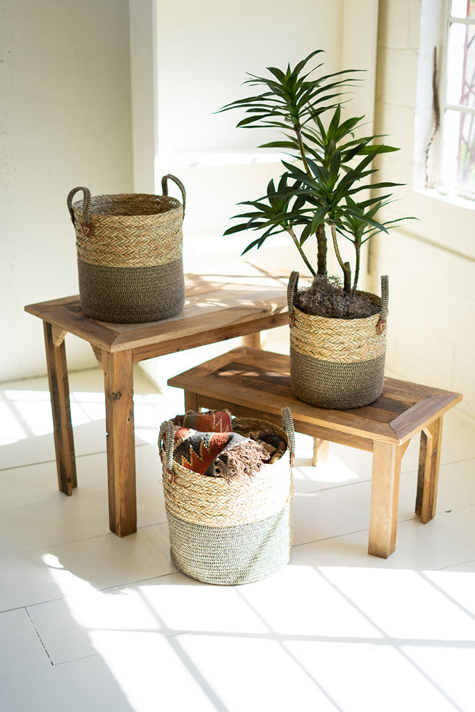 Set 3 Woven Round Seagrass Baskets With Brown Base And Handles - Hearts Attic 