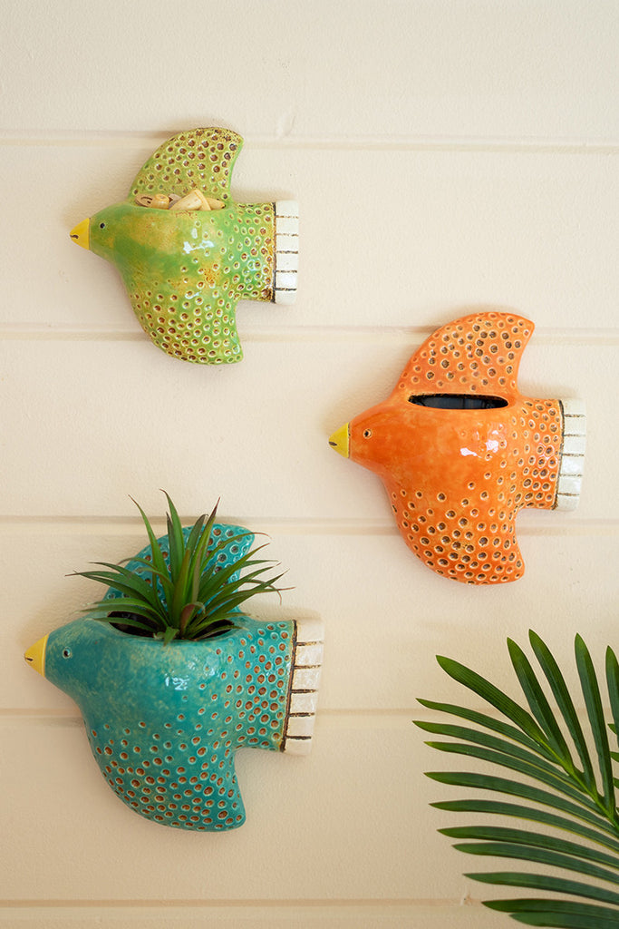 Set Of 3 Colorful Ceramic Bird Wall Planters - Hearts Attic 