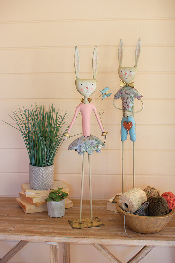 Two Painted Metal Long Leg Boy And Girl Rabbits - Hearts Attic 