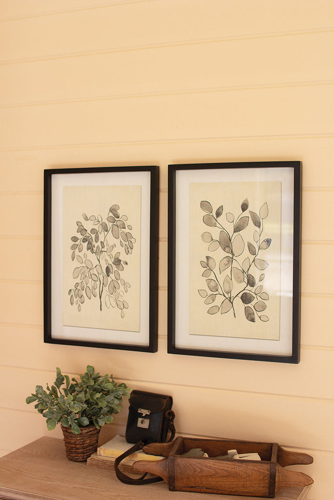 Set Of Two Framed Black Leaves Prints Under Glass - Hearts Attic 