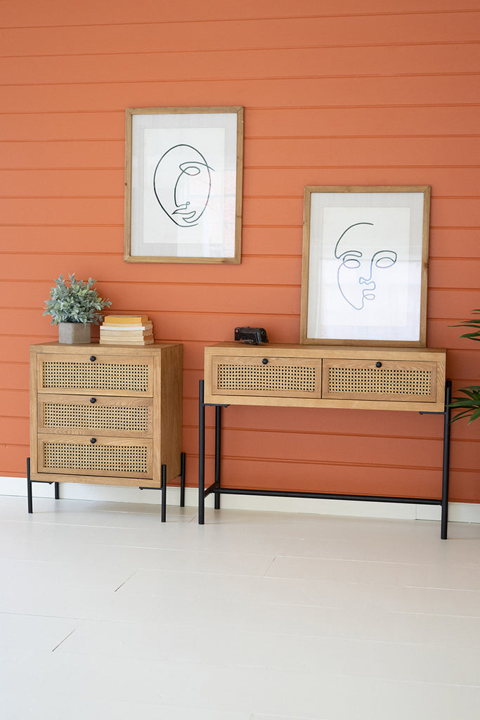 Wood Bedside Table With Three Woven Cane Drawers - Hearts Attic 