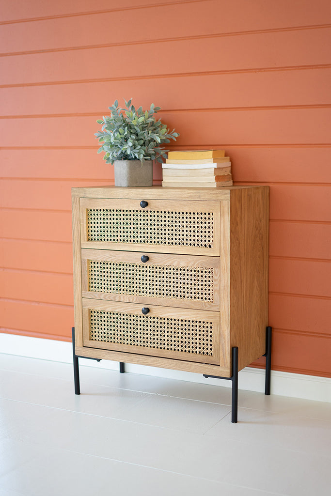 Wood Bedside Table With Three Woven Cane Drawers - Hearts Attic 