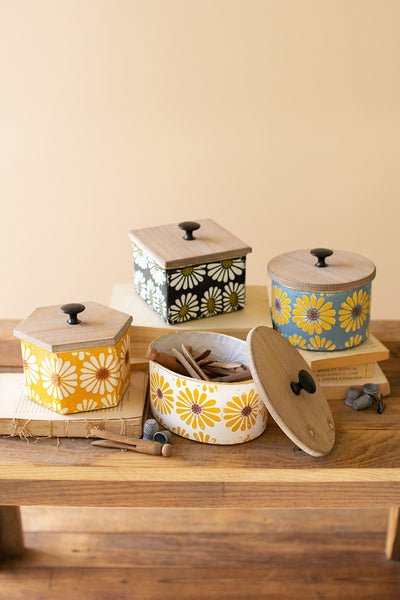 Set Of Four Wood & Metal Canisters With Painted Flower Detail - Hearts Attic 