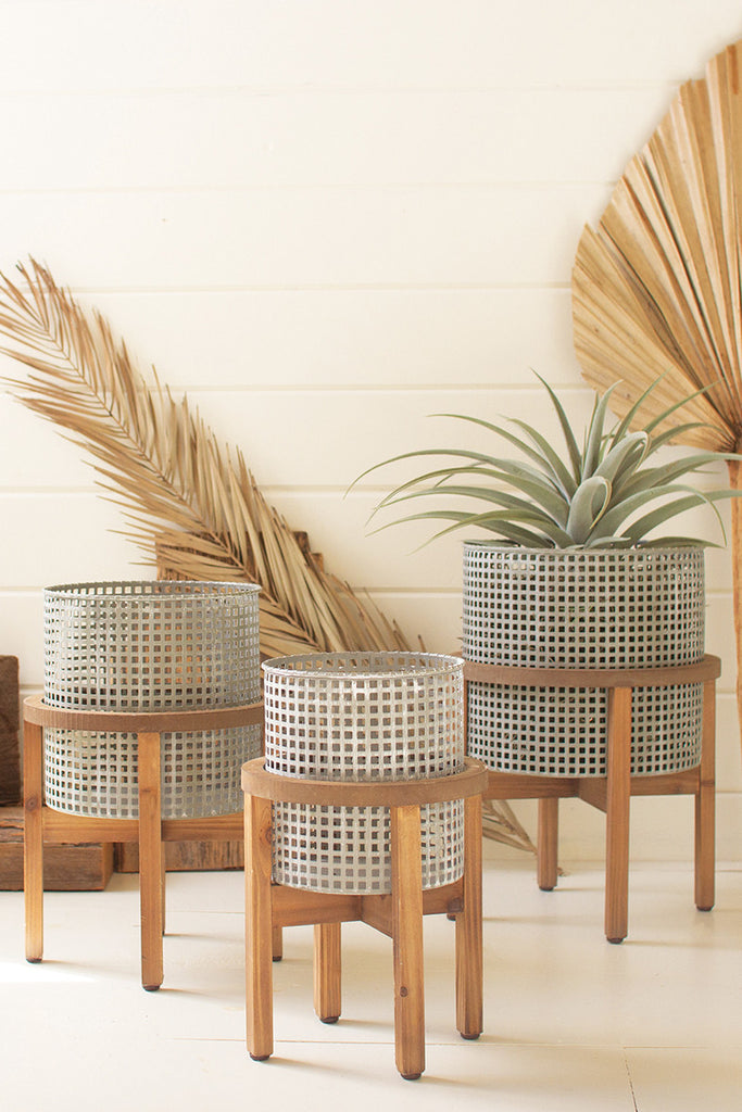 Set Of Three Woven Metal Planters With Wood Stands - Hearts Attic 
