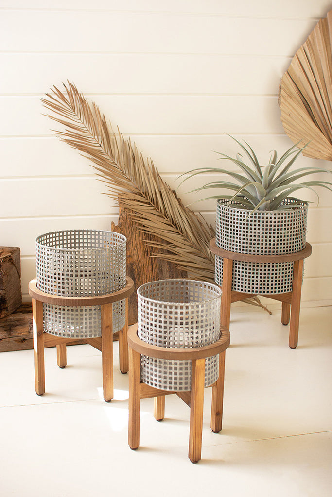 Set Of Three Woven Metal Planters With Wood Stands - Hearts Attic 
