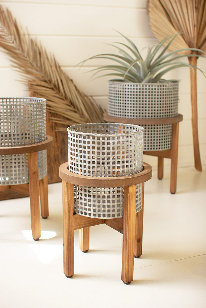 Set Of Three Woven Metal Planters With Wood Stands - Hearts Attic 