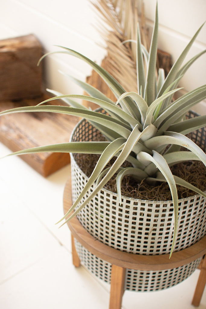 Set Of Three Woven Metal Planters With Wood Stands - Hearts Attic 