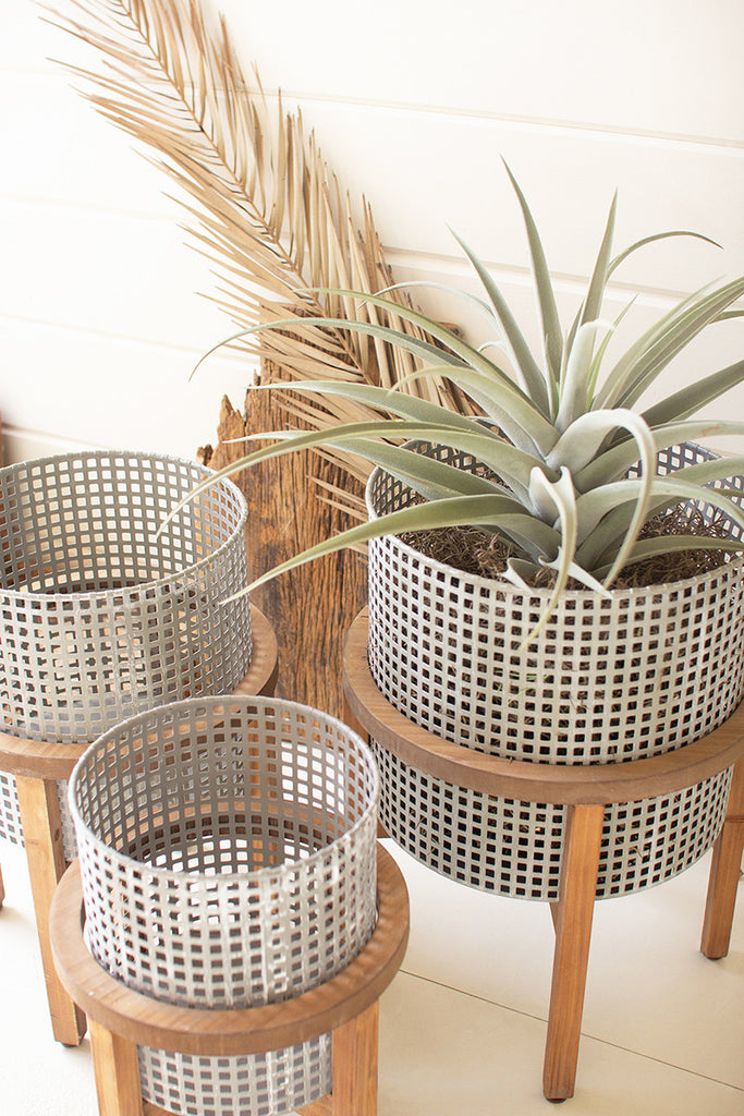 Set Of Three Woven Metal Planters With Wood Stands - Hearts Attic 