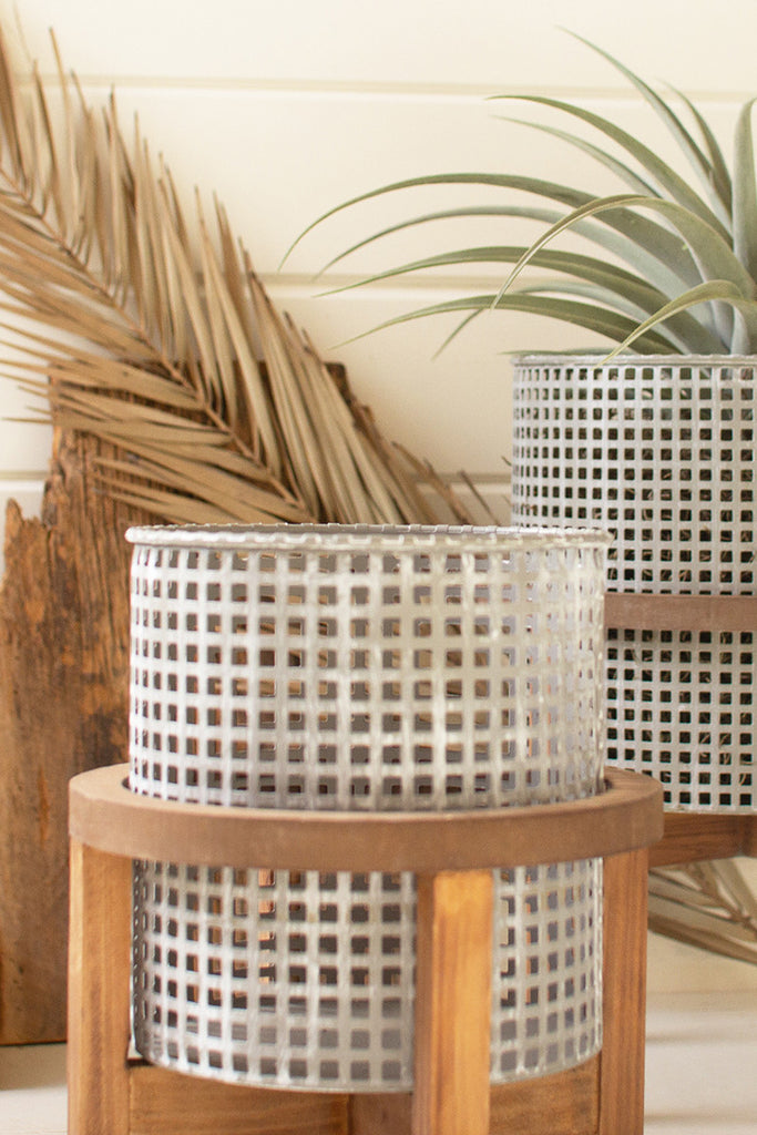 Set Of Three Woven Metal Planters With Wood Stands - Hearts Attic 