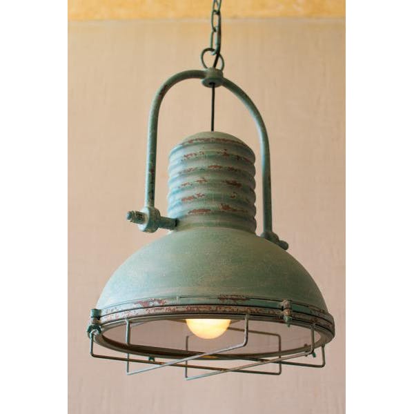 Antique Turquoise Pendant Light With Glass & Wire Cage - Hearts Attic 