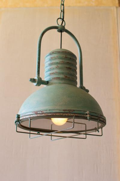 Antique Turquoise Pendant Light With Glass & Wire Cage - Hearts Attic 