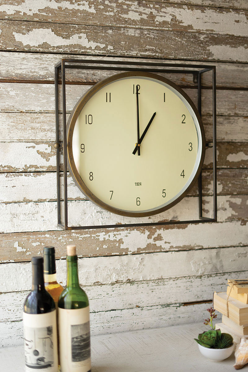 Round Clock With Square Metal Frame– Hearts Attic