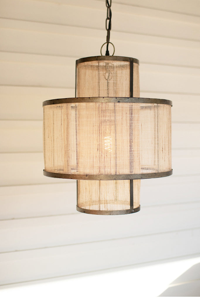 Round Double Layered Woven Fiber And Metal Pendant Light - Hearts Attic 