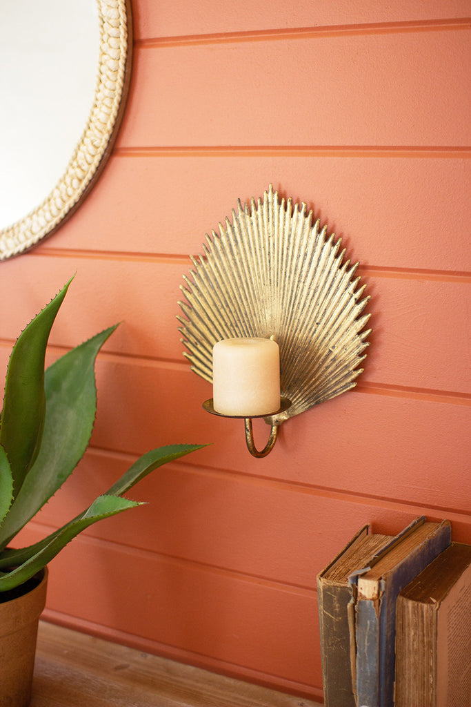 Antique Brass Palm Leaf Candle Sconce - Hearts Attic 