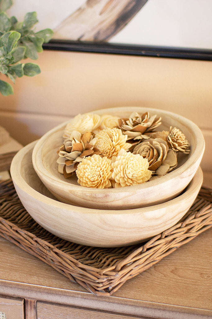 Set Of Two Hand Carved Round Wooden Bowls - Hearts Attic 