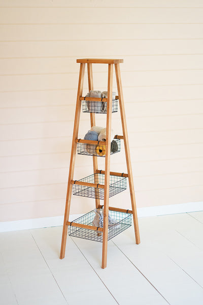 Wooden Ladder With Wire Baskets Display - Hearts Attic 
