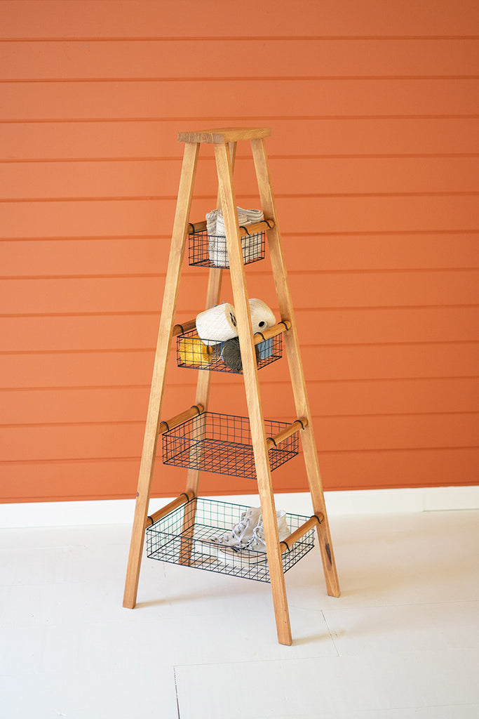 Wooden Ladder With Wire Baskets Display - Hearts Attic 