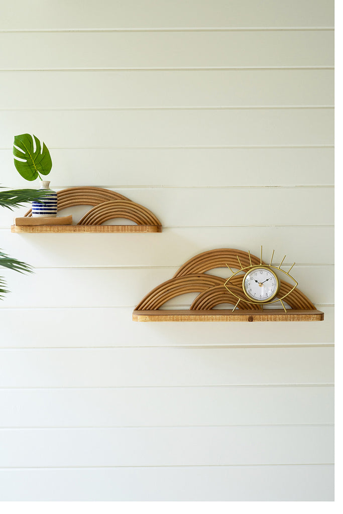 Set Of 2 Wooden Wall Shelves With Arched Cane Detail - Hearts Attic 