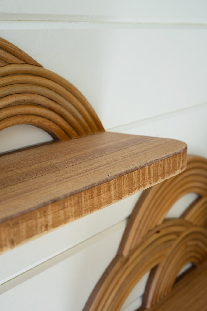 Set Of 2 Wooden Wall Shelves With Arched Cane Detail - Hearts Attic 
