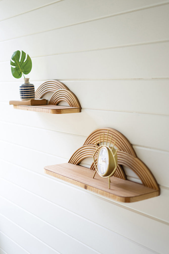 Set Of 2 Wooden Wall Shelves With Arched Cane Detail - Hearts Attic 