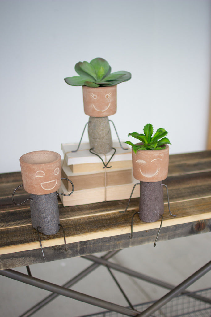pot heads plant shop Set Of 3 Clay & River Rock Pot Head Shelf Sitters– Hearts Attic