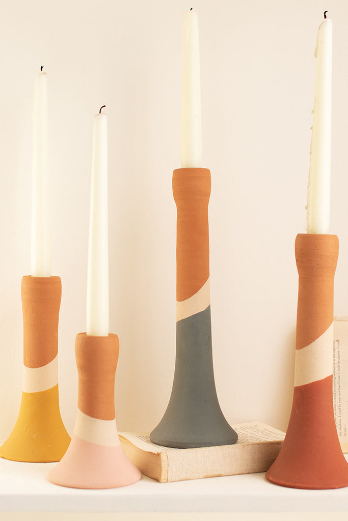 Set Of Four Clay Multi Color Striped Taper Candle Holders - Hearts Attic 