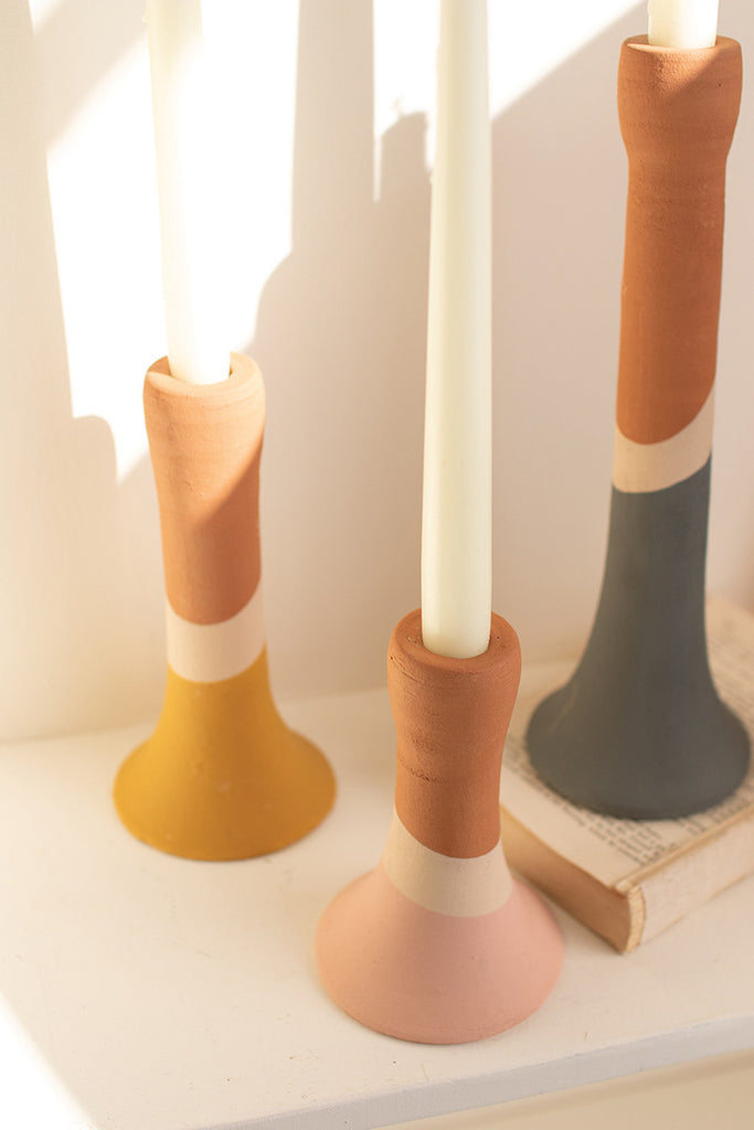Set Of Four Clay Multi Color Striped Taper Candle Holders - Hearts Attic 