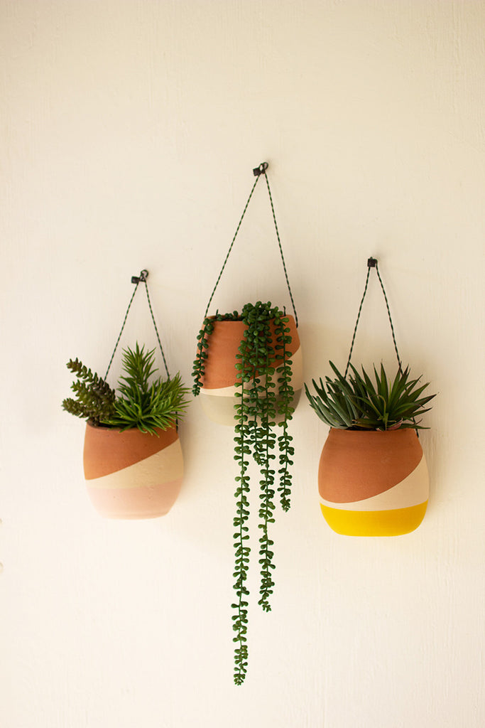 Set Of Three Clay Wall Pocket Planters With Wire Hangers - Hearts Attic 