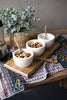 3 White Stone Serving Bowls With Mango Wood Spoons & Base - Hearts Attic 