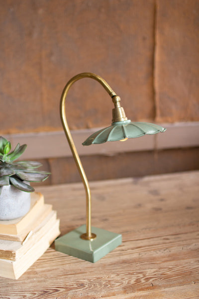 Antique Brass Goose Neck Table Lamp With Enamel Shade - Hearts Attic 