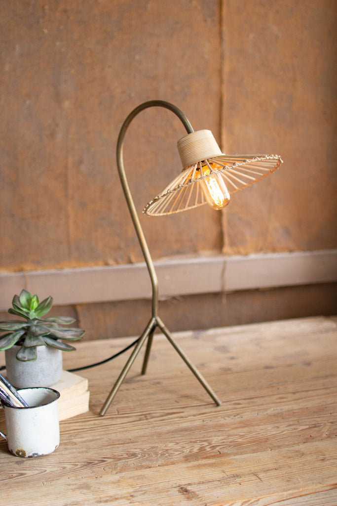 Antique Brass Finish Table Lamp With Rattan Umbrella Shade - Hearts Attic 