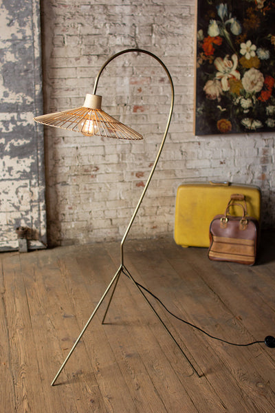 Antique Brass Finish Floor Lamp With Rattan Umbrella Shade - Hearts Attic 