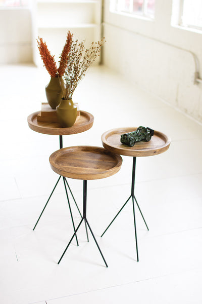 Set Of 3 Round Wooden Top Accent Tables With Metal Legs - Hearts Attic 
