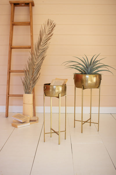 Set Of Two Brass Finish Planters With Stands - Hearts Attic 