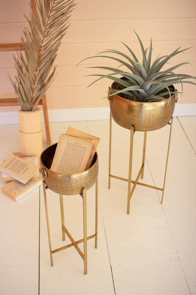 Set Of Two Brass Finish Planters With Stands - Hearts Attic 