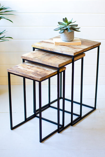 Set Of Three Nesting Square Wood And Iron Side Tables - Hearts Attic 
