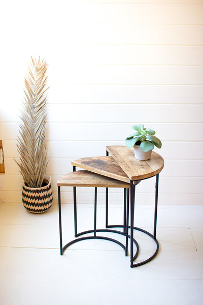 Set Of Three Nesting Demi Lune Wood And Iron Side Tables - Hearts Attic 