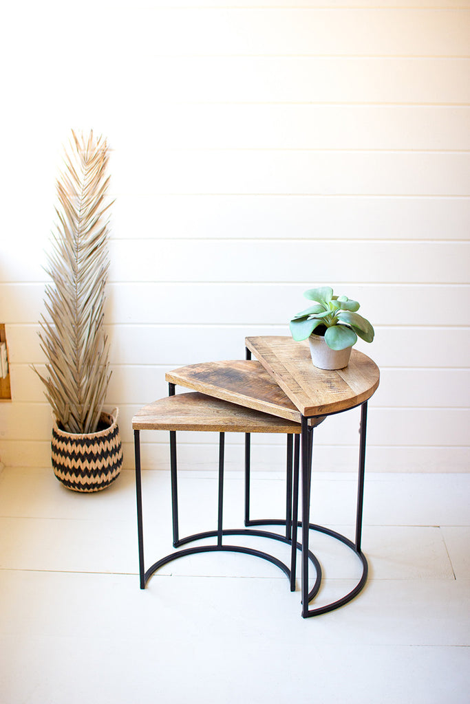Set Of Three Nesting Demi Lune Wood And Iron Side Tables - Hearts Attic 