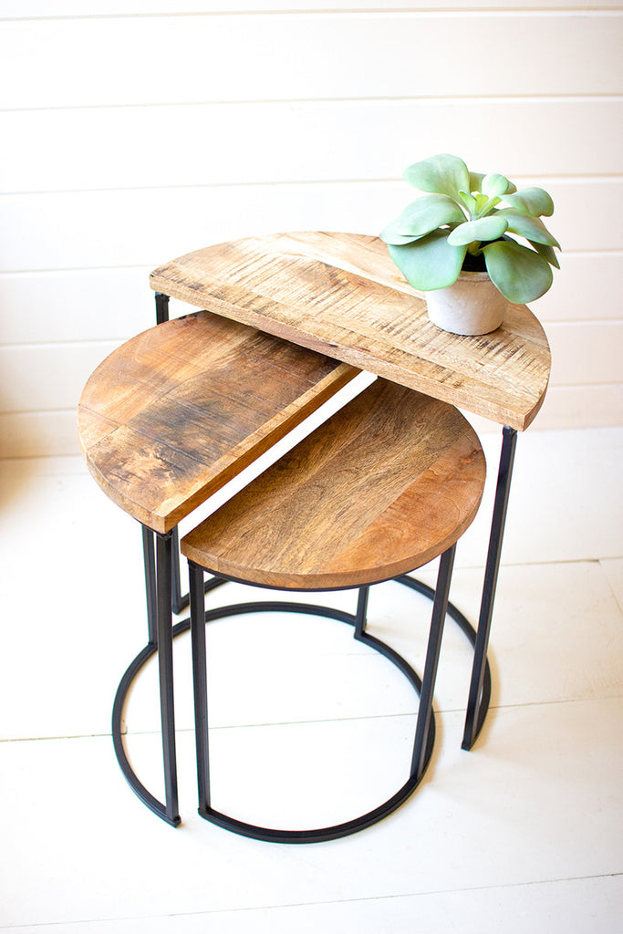 Set Of Three Nesting Demi Lune Wood And Iron Side Tables - Hearts Attic 