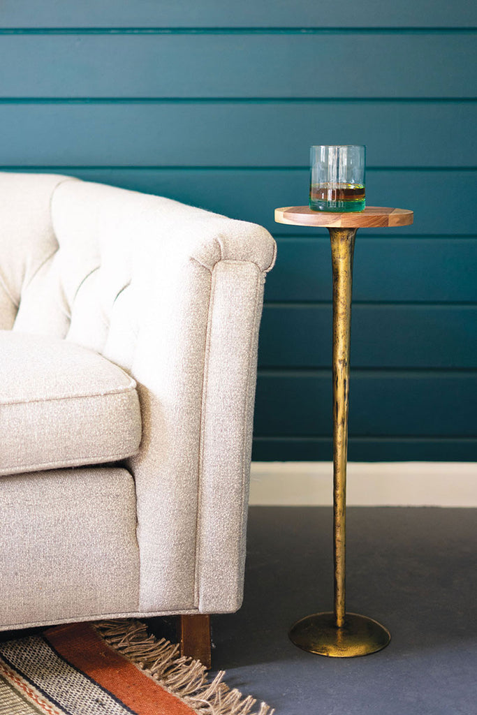 Antique Brass Cocktail Table With Acacia Wood Top - Hearts Attic 