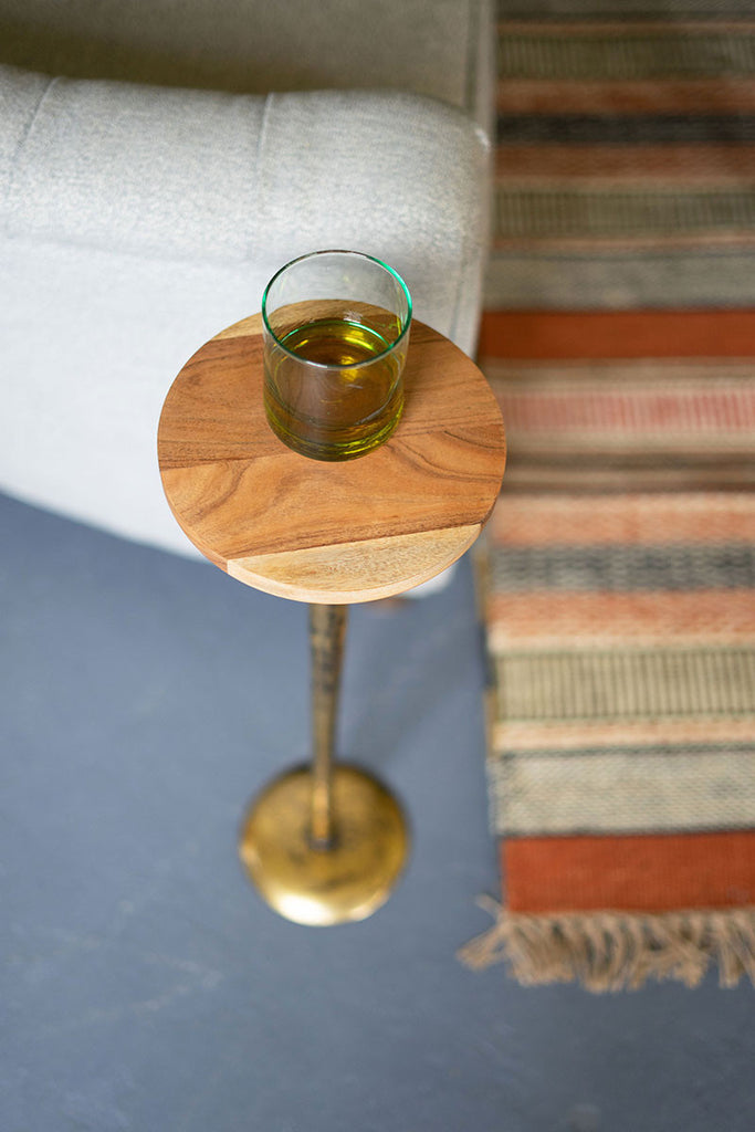 Antique Brass Cocktail Table With Acacia Wood Top - Hearts Attic 