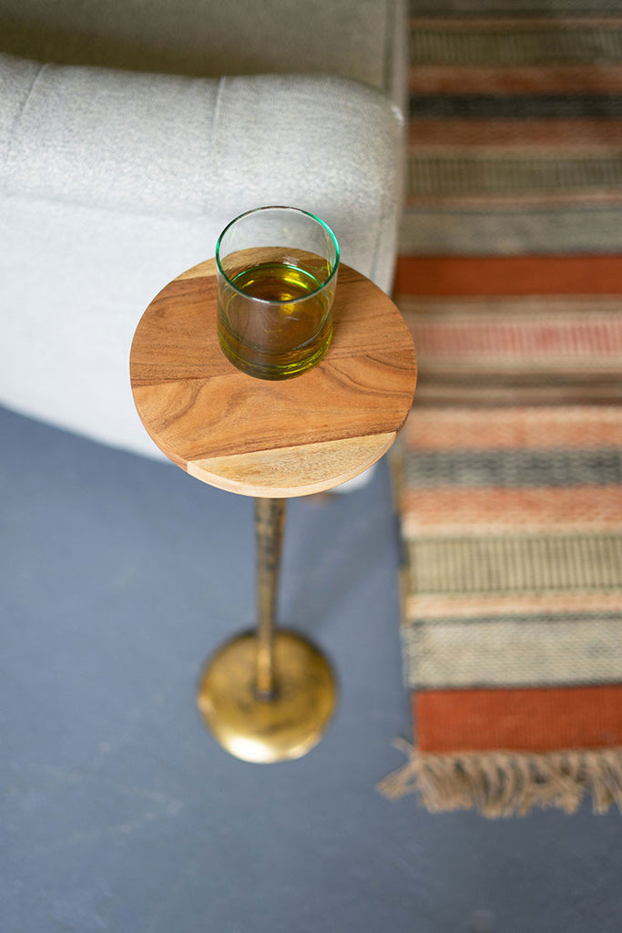 Antique Brass Cocktail Table With Acacia Wood Top - Hearts Attic 