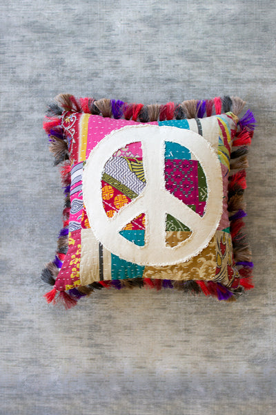 Peace Natural - Kantha Pillow - Hearts Attic 