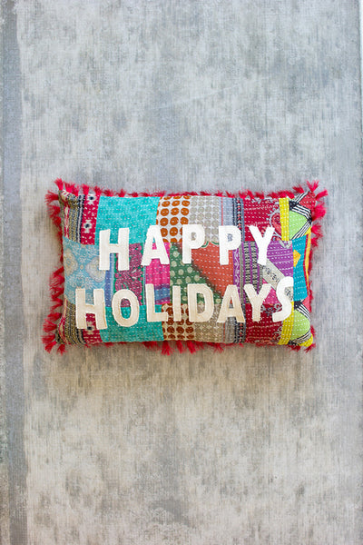 Happy Holidays - Kantha Pillow - Hearts Attic 