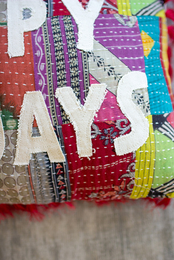 Happy Holidays - Kantha Pillow - Hearts Attic 