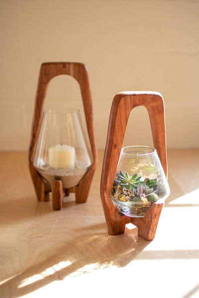 Oval Wood And Glass Lantern - 15" Large - Hearts Attic 