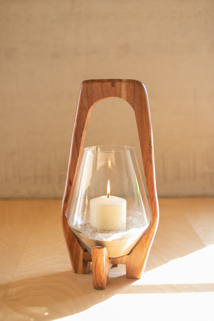 Oval Wood And Glass Lantern - 15" Large - Hearts Attic 