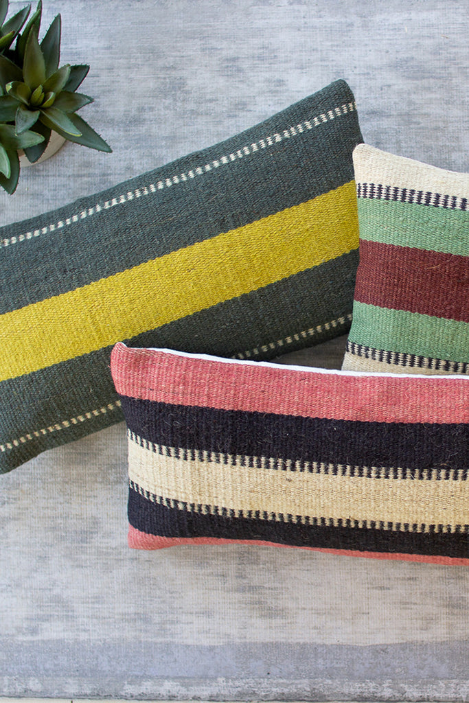 Set Of Three Jute Lumbar Pillows - One Each Design - Hearts Attic 