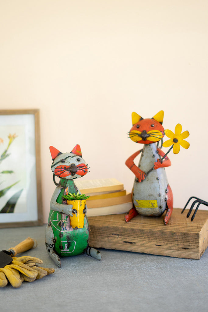 Set Of Two Recycled Iron Cats With Flower And Pot - Hearts Attic 