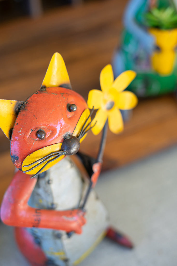 Set Of Two Recycled Iron Cats With Flower And Pot - Hearts Attic 